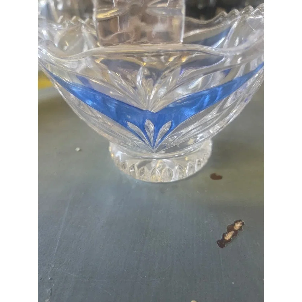 Vintage Cut Crystal Glass Basket Blue Flash Trim Floral Design 6 Inch Handle